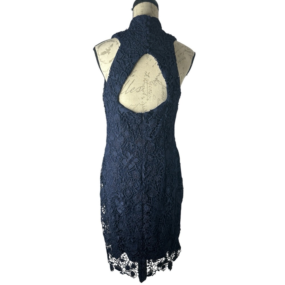 LRL Ralph Lauren Evening Dress Lace Sheath‎ Open Back Mock Neck Navy Women's 12